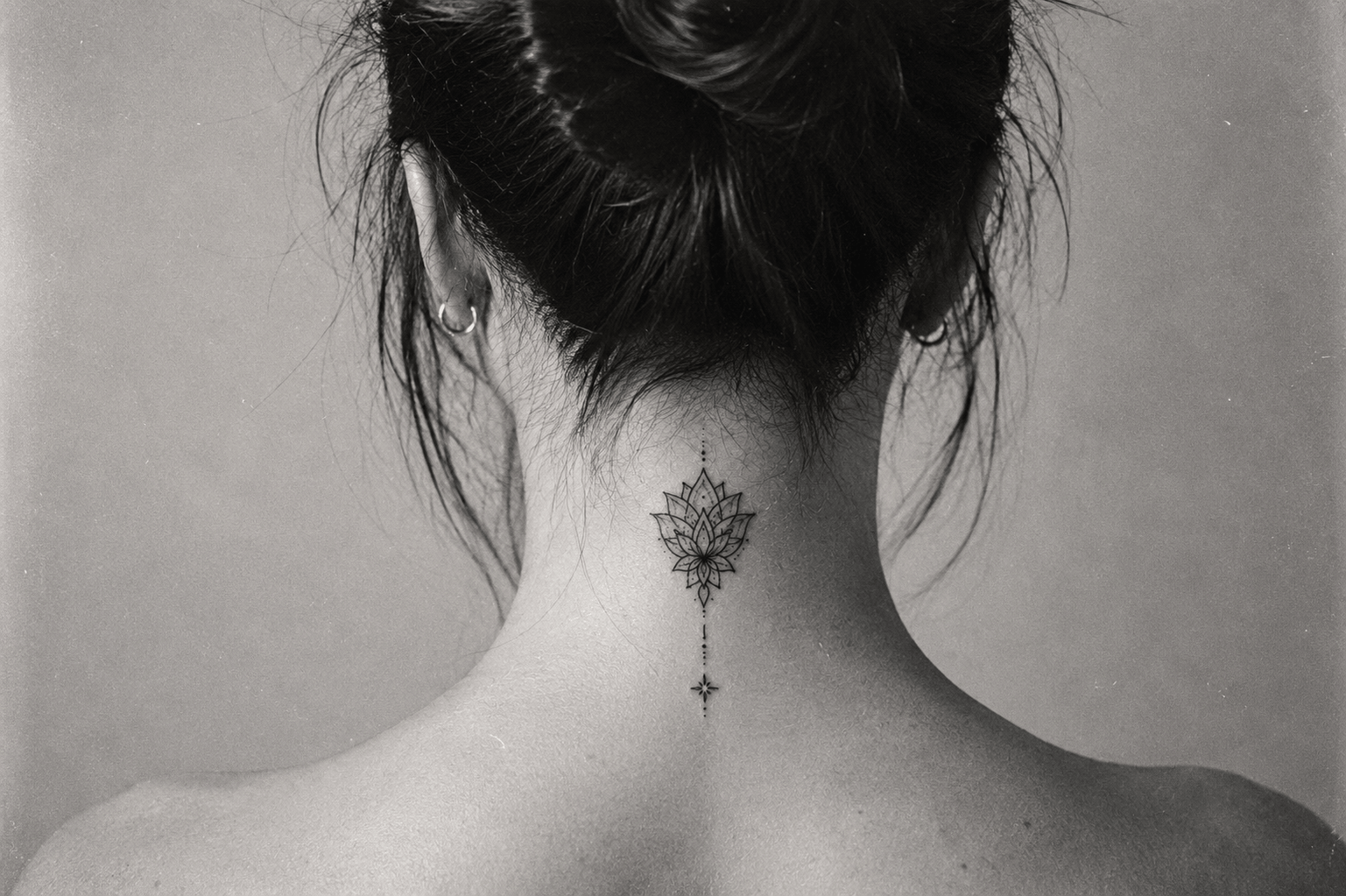 Petit tatouage floral noir centré sur la nuque sous des cheveux relevés