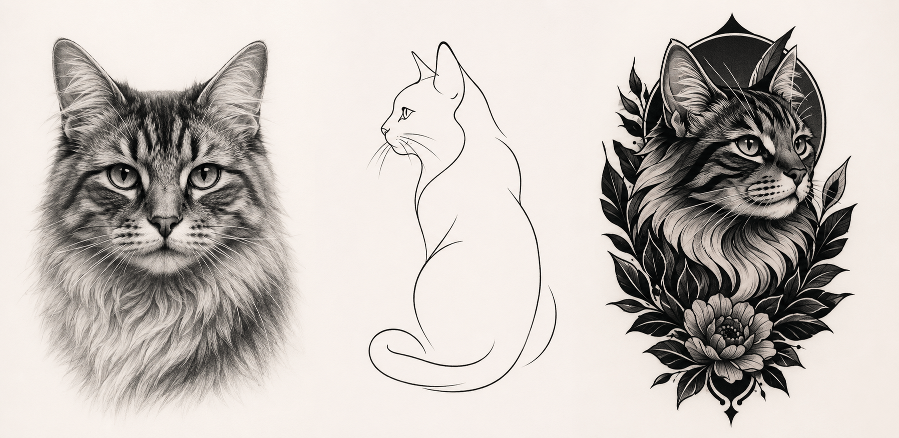 Trois dessins de chat en styles réaliste, minimaliste et blackwork floral