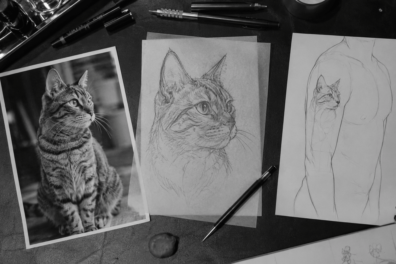 Photographie de chat et croquis de portrait préparés pour un projet de tatouage