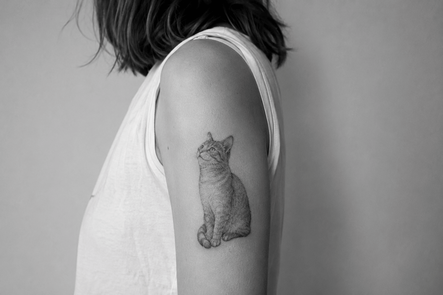 Petit tatouage noir et gris d’un chat assis sur le haut du bras