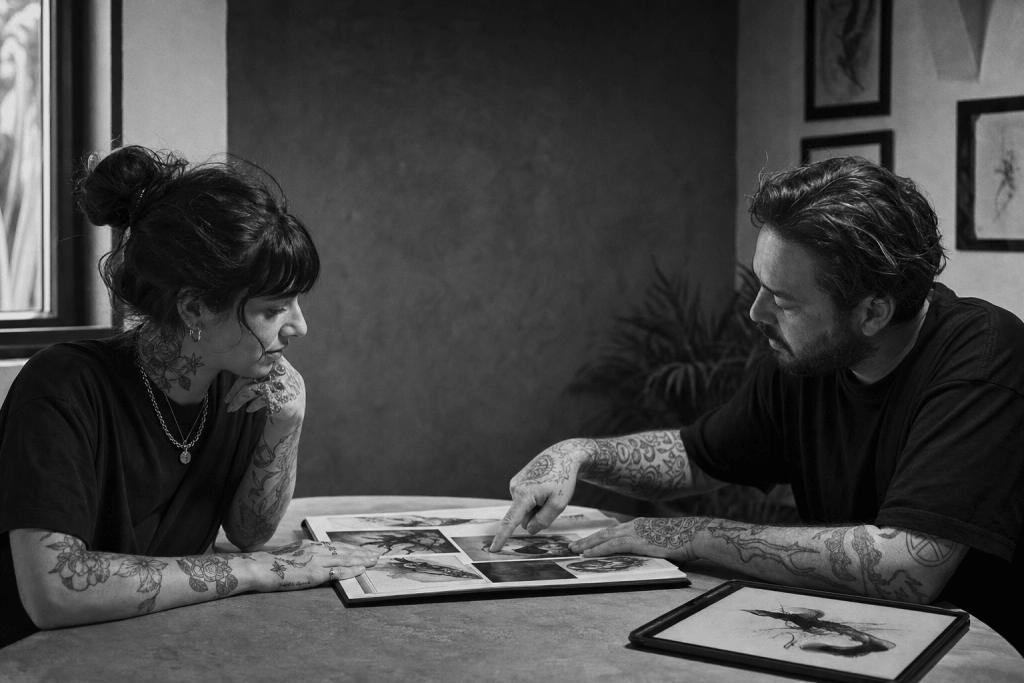 Tatoueur et cliente comparant un portfolio lors d’un échange en studio