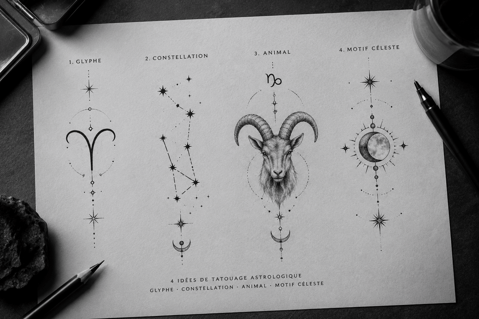 Planche de quatre idées de tatouage astrologique : glyphe du Bélier, constellation, bouc et motif lunaire