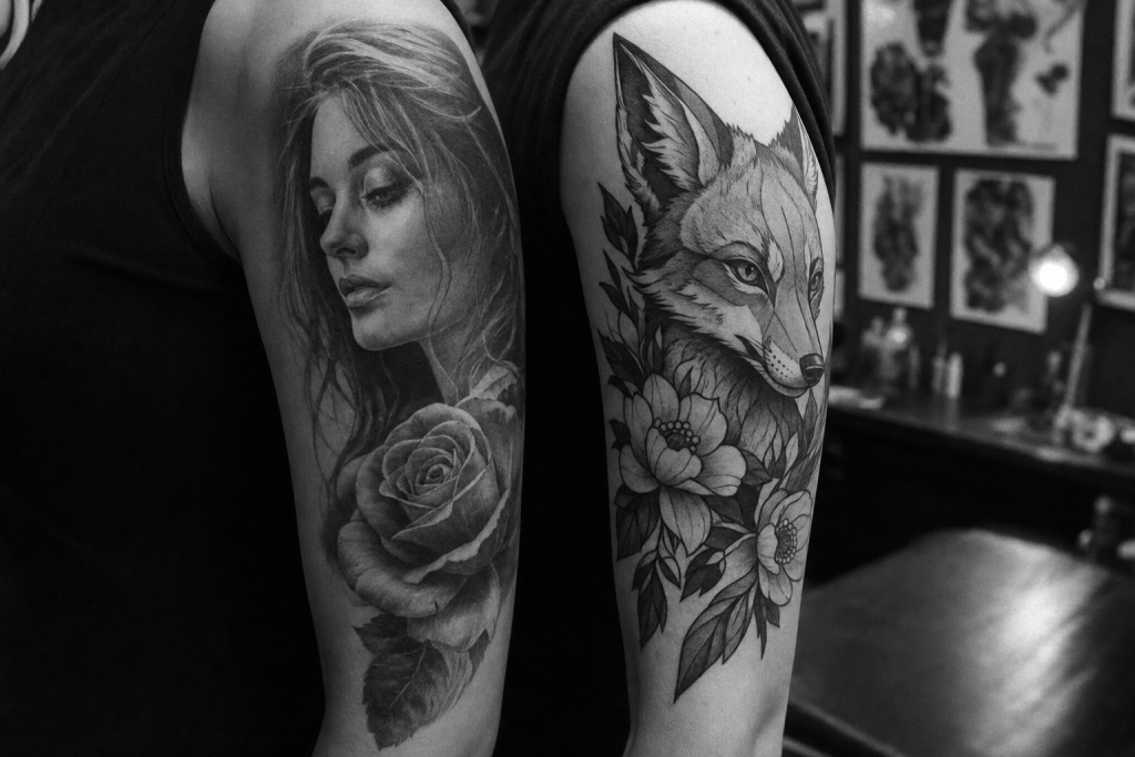 Tatouage réaliste en noir et gris et tatouage de renard illustratif aux contours marqués