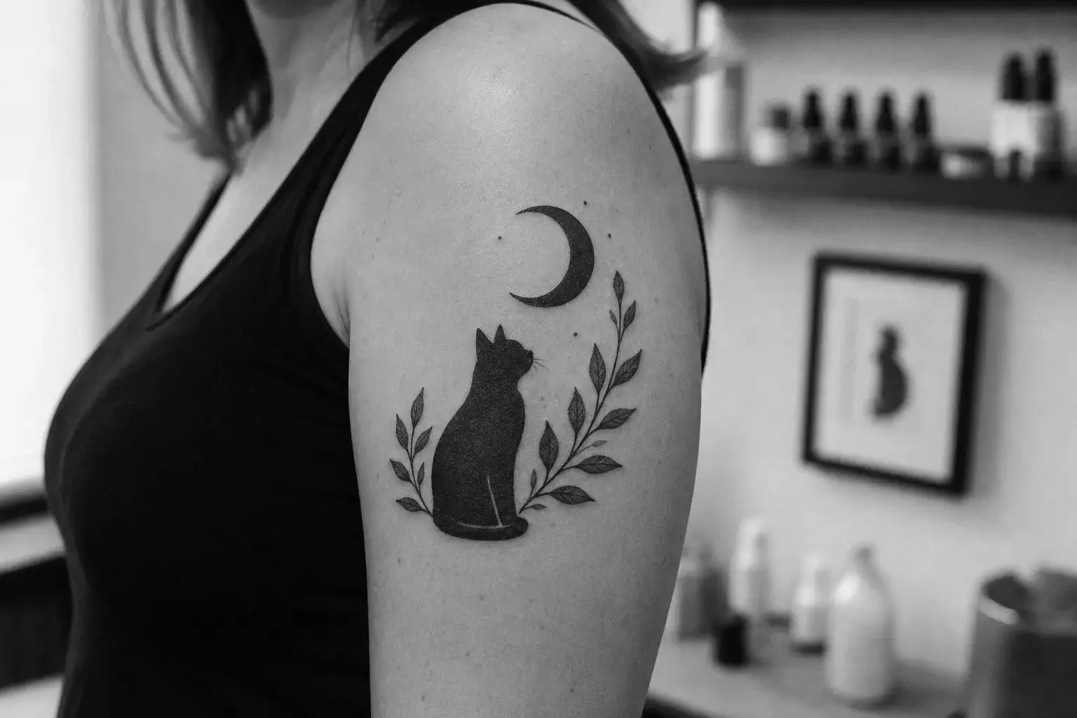 Silhouette noire d’un chat sous une lune avec des feuilles sur le bras