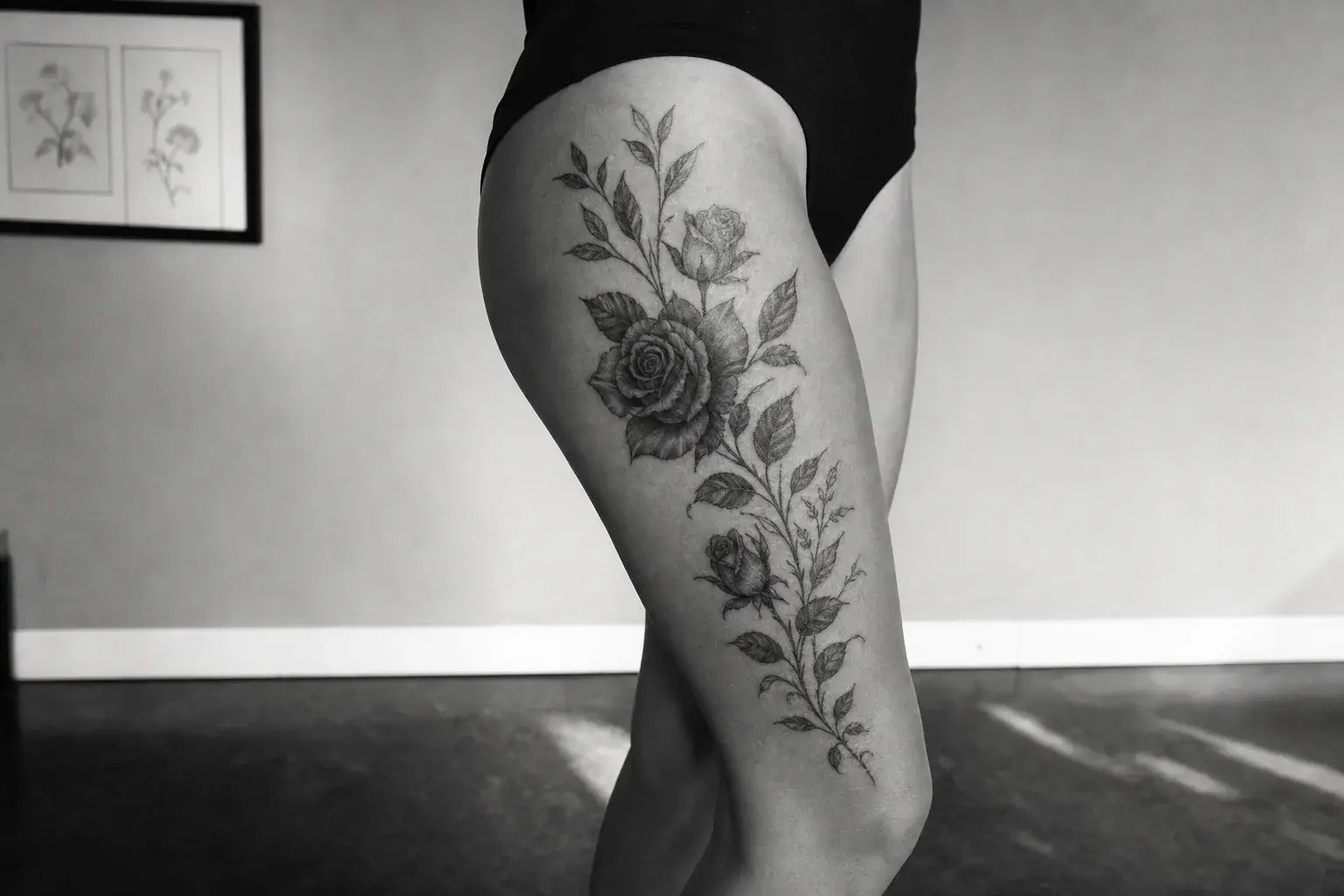 Composition verticale de roses et de feuillage tatouée sur une cuisse