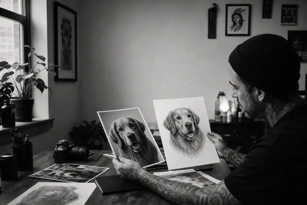 Artiste comparant la photographie d’un chien avec une étude de portrait