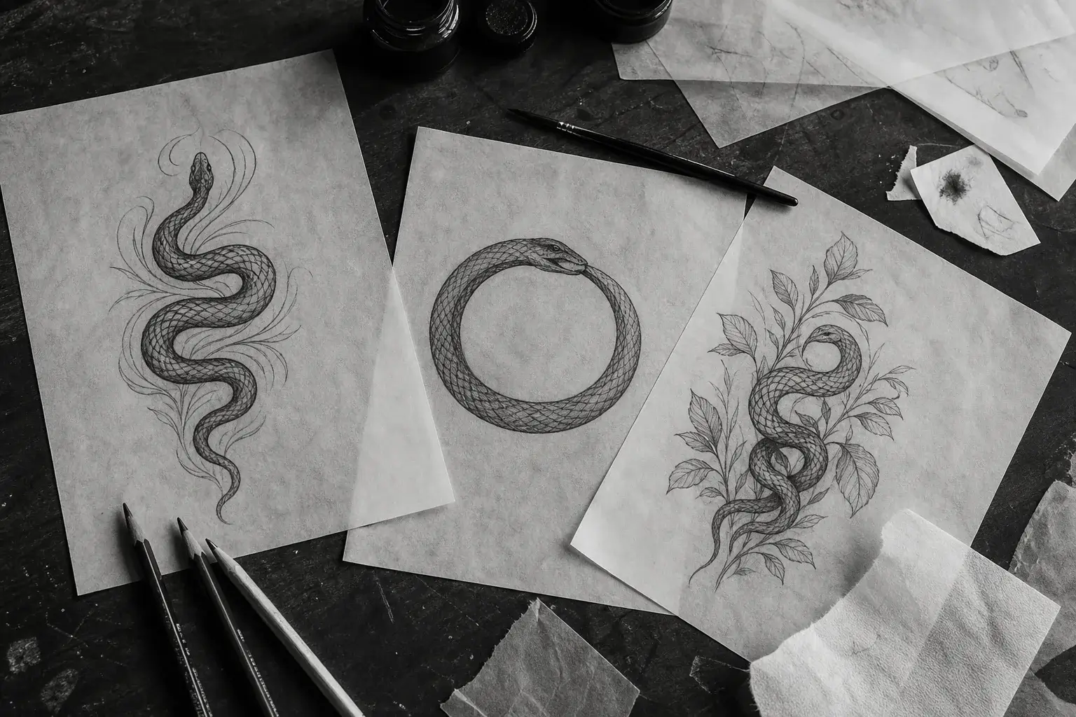 Esquisses de compositions de tatouages serpent sur papier