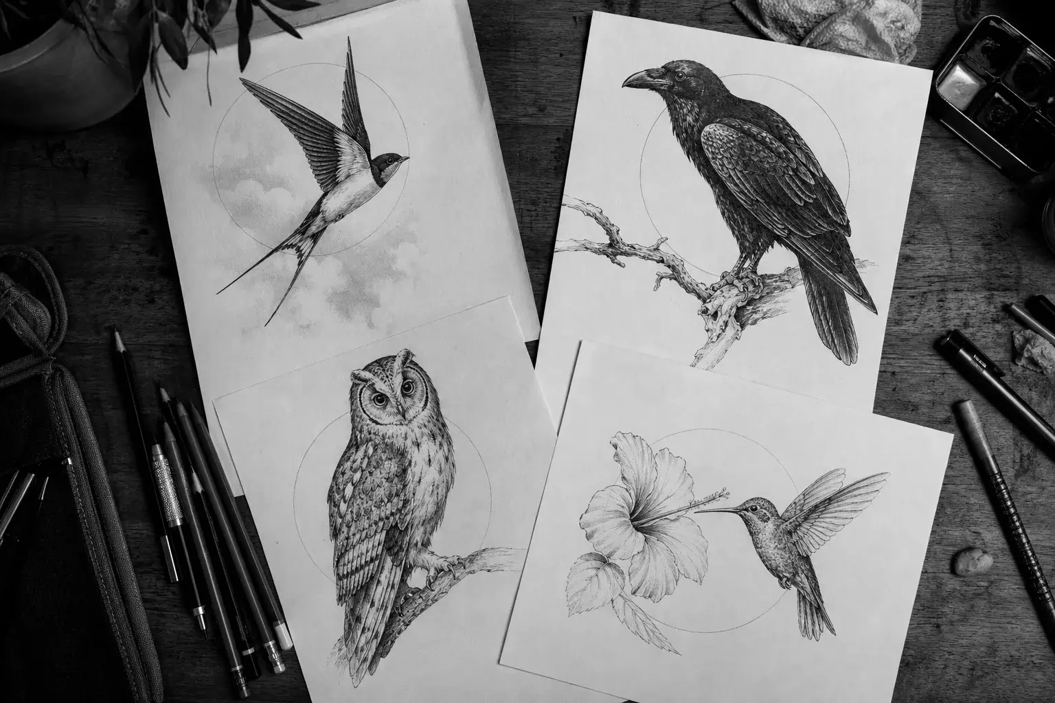Esquisses d’une hirondelle, d’un corbeau, d’un hibou et d’un colibri
