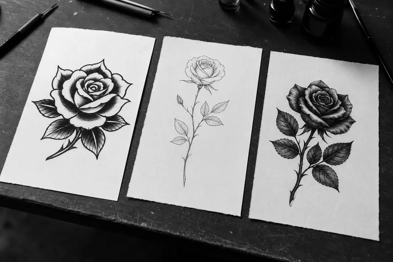 Trois dessins de roses en style traditionnel, fine line et blackwork