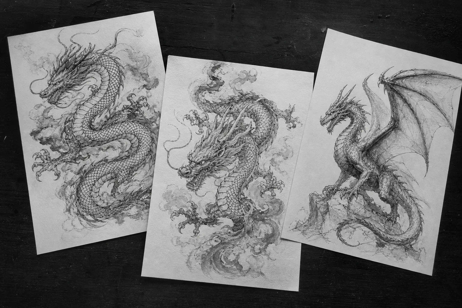 Trois esquisses de dragons asiatique, chinois et occidental