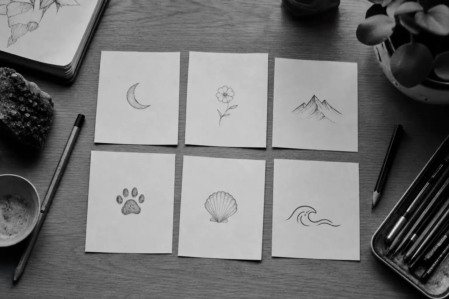 Six esquisses de petits tatouages sur des feuilles séparées