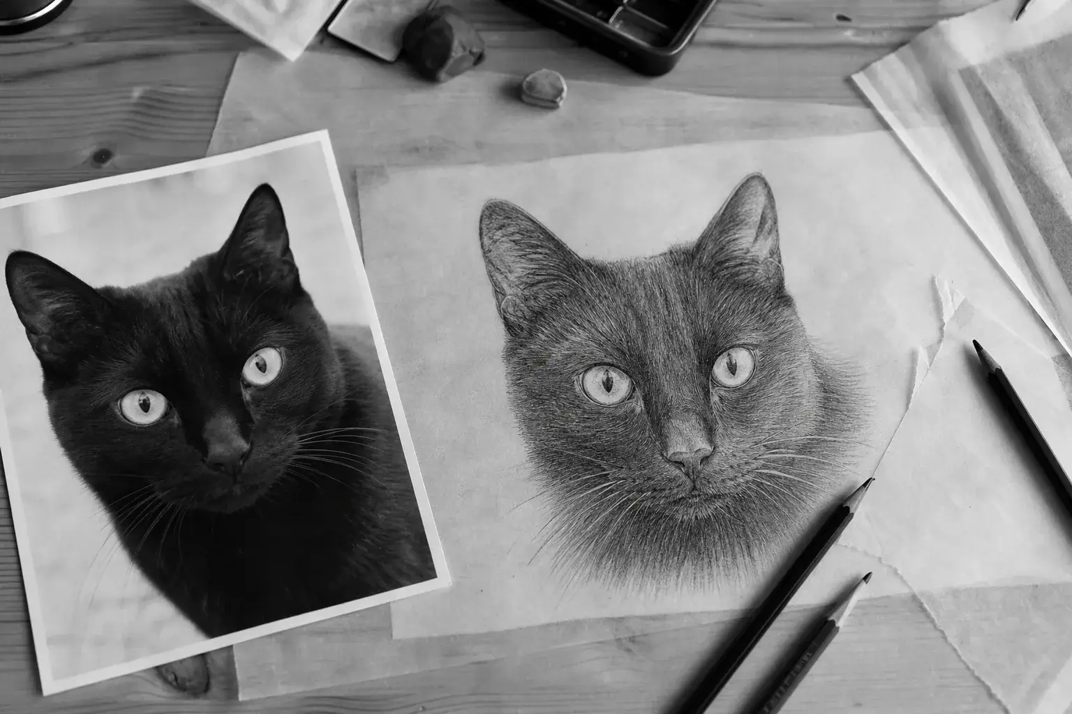 Photo d’un chat noir placée à côté d’une esquisse de son portrait
