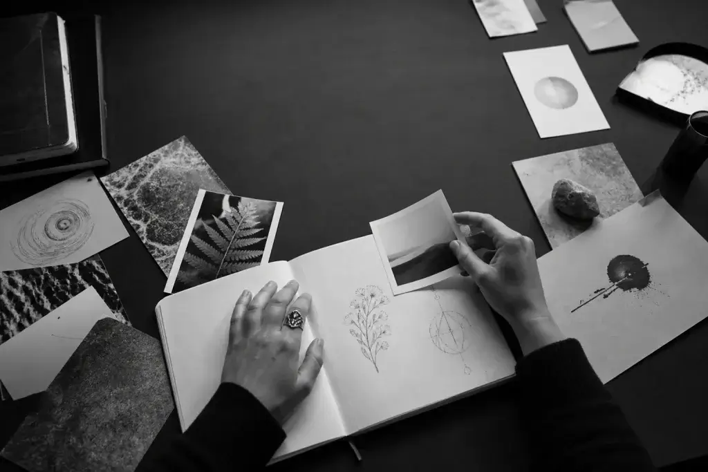Planche d’inspiration composée de photographies et de croquis sur une table