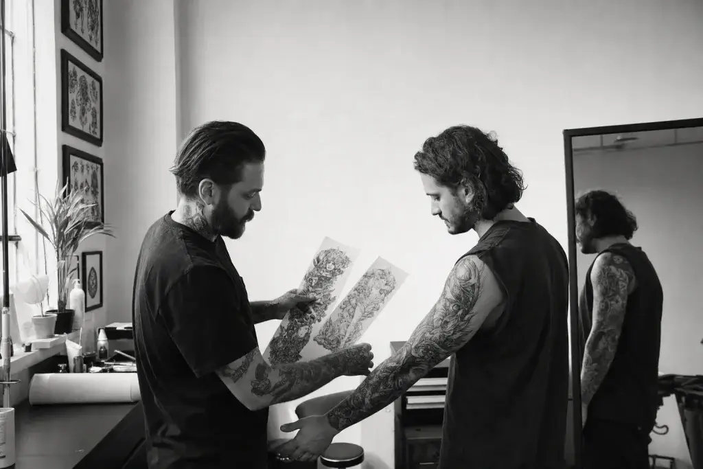 Artiste et client comparant des compositions pour un tatouage manchette