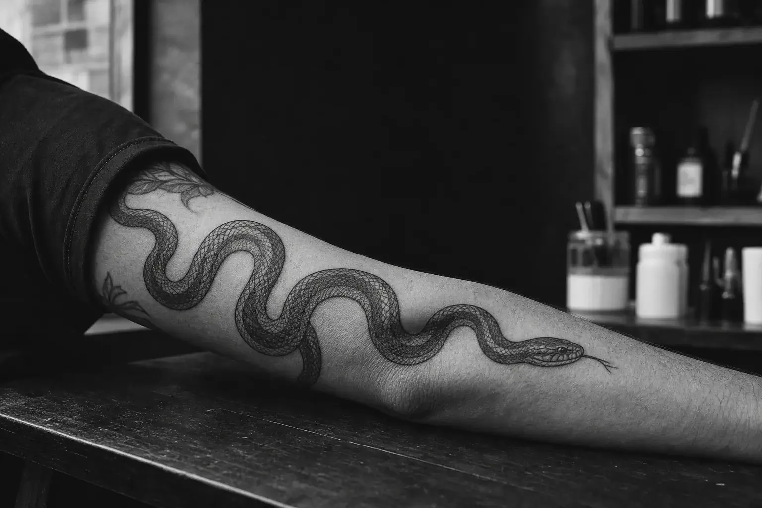 Tatouage de serpent noir et gris sur un avant-bras
