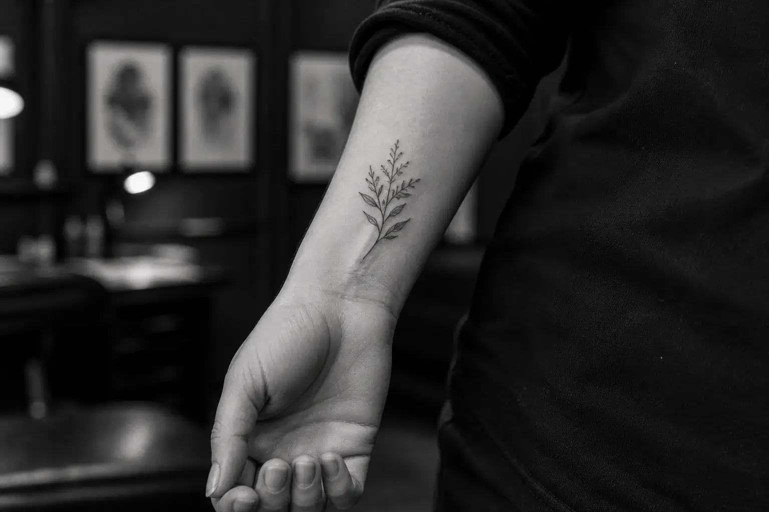 Petit tatouage botanique cicatrisé à l’intérieur du poignet