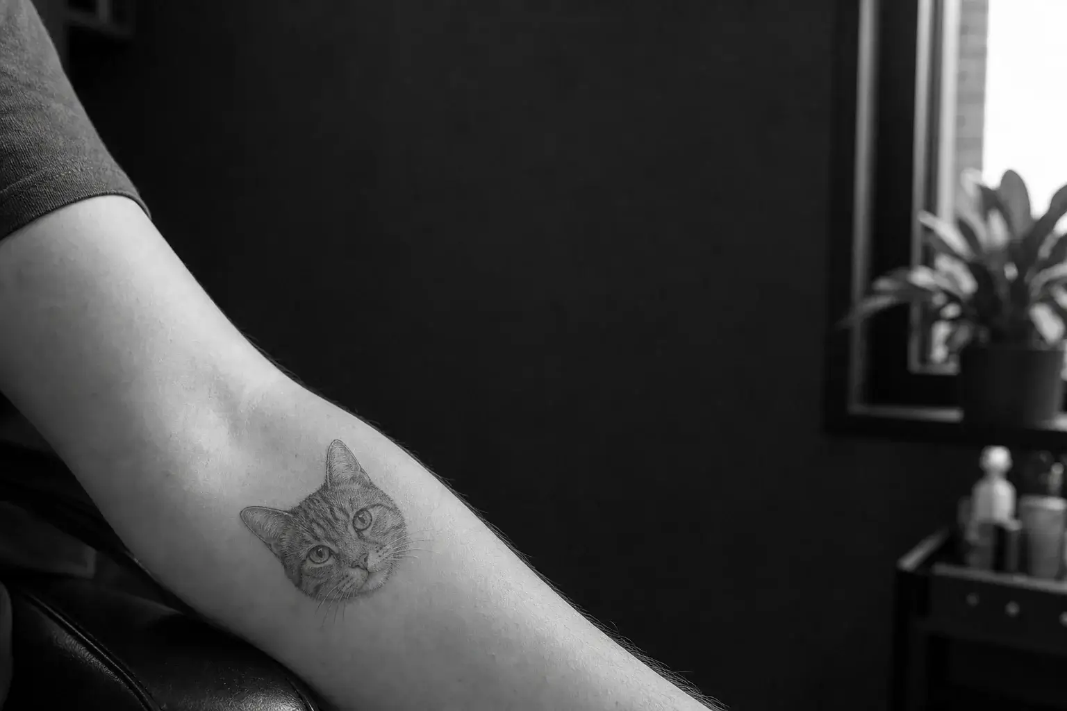 Tatouage réaliste du visage d’un chat sur un avant-bras