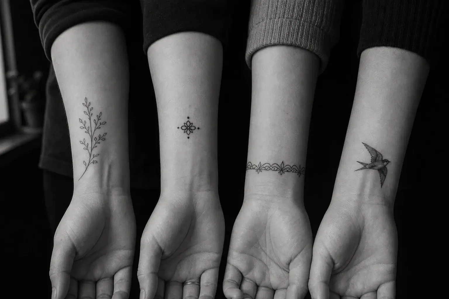 Quatre poignets portant des tatouages fins et blackwork différents