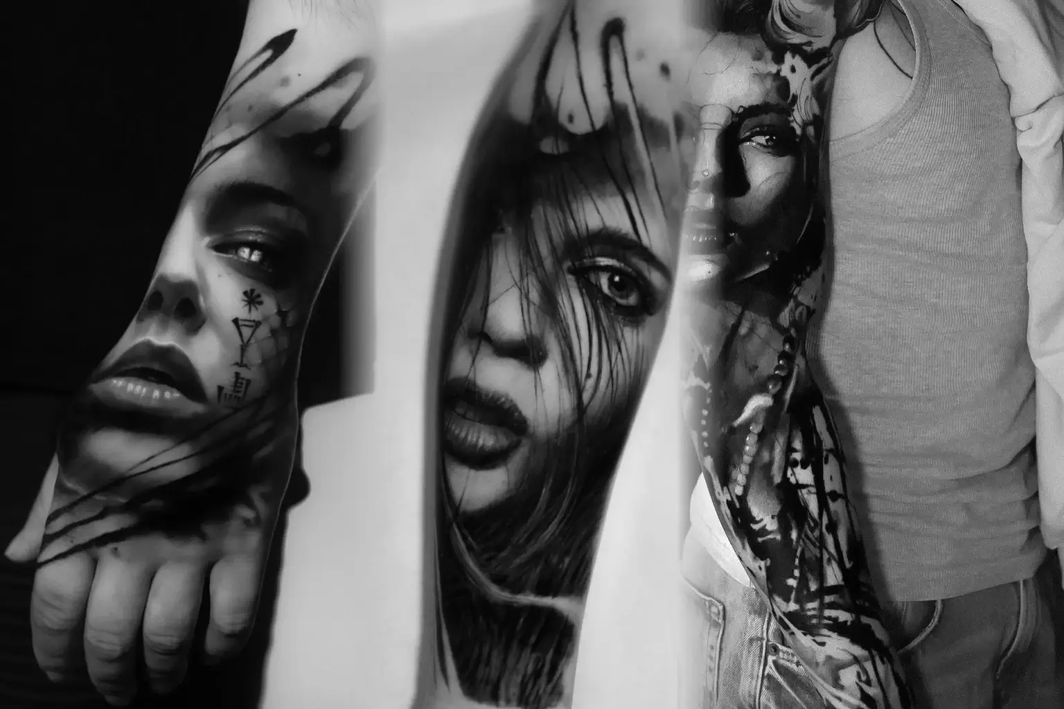 Montage noir et blanc de trois portraits tatoués en réalisme abstrait