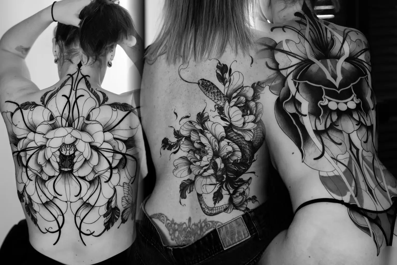 Montage noir et blanc de trois grands tatouages couvrant le dos