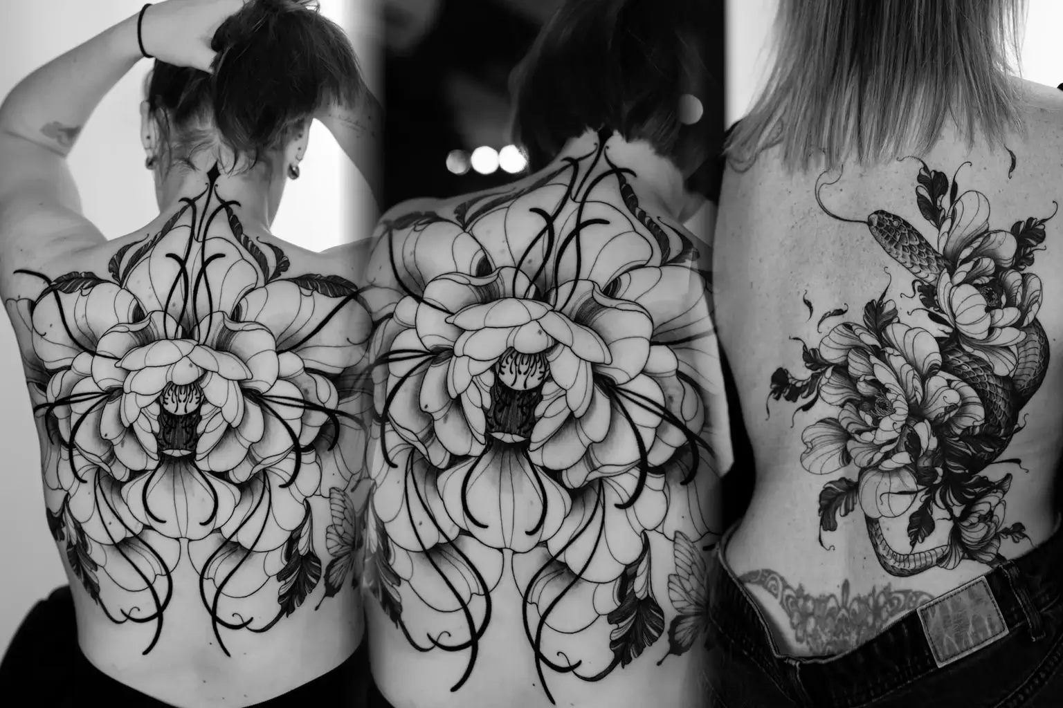 Montage noir et blanc de tatouages floraux et d’un serpent dans le dos