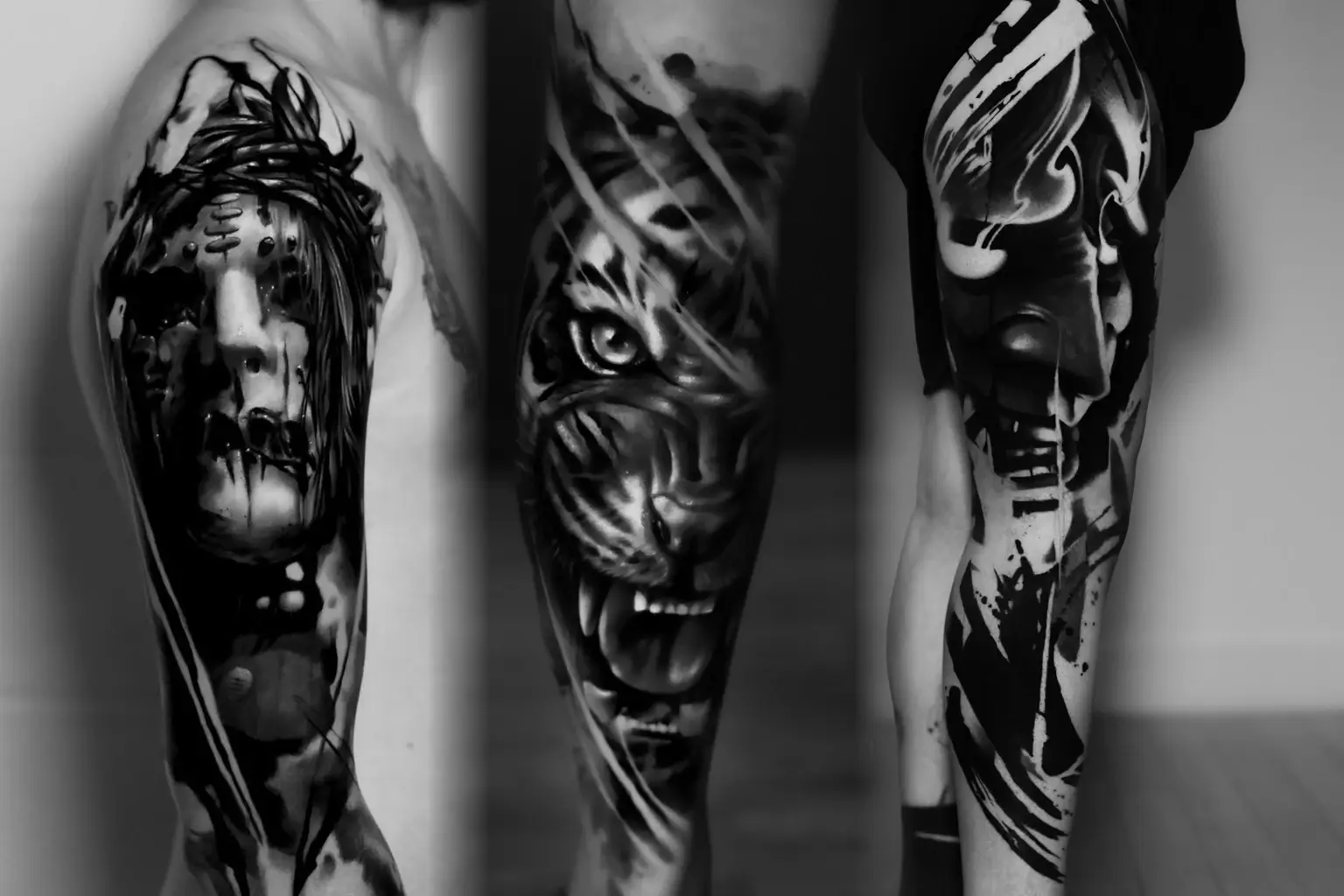 Montage noir et blanc de trois tatouages originaux en réalisme abstrait